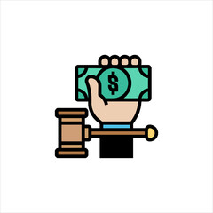 Hand holding money above a gavel symbolizes legal corruption and bribery in the justice system, creating a sense of distrust and ethical violation.