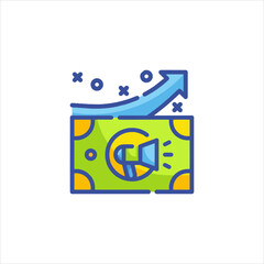 Dollar bill with megaphone showing upward arrow represents financial growth and marketing success, symbolizing prosperity and business development.