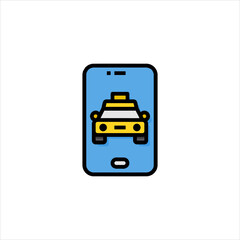 Yellow taxi cab displayed on a smartphone screen, representing ridehailing service and modern transportation technology, conveying convenience and connectivity.