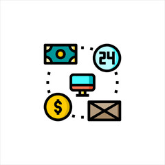 Online business elements floating around computer screen representing ecommerce and digital transactions in a modern and minimalist style.