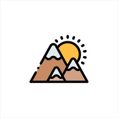 Mountains rise against a bright sun in a simple, colorful drawing, evoking a sense of adventure and natural beauty.