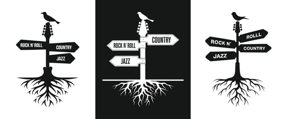 Guitar roots music direction signpost with bird silhouette showing rock roll country jazz genres black and white vector