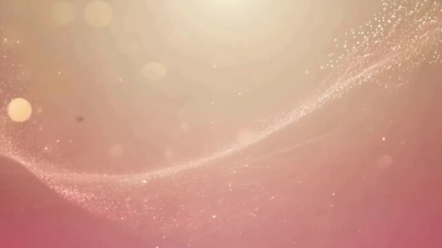 Luxurious abstract animation featuring a swirling wave of glittering rose gold particles and soft pink bokeh against a warm, luminous background.
