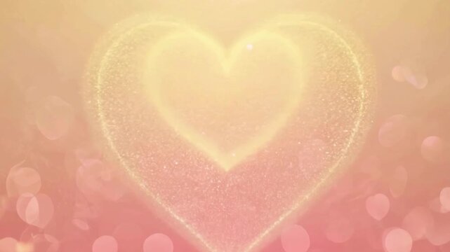 An abstract, romantic background loop featuring a glowing, stylized heart made of particles, centered on a soft pink and beige bokeh backdrop