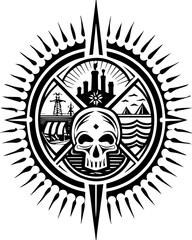 Skull with flame and pilgrims in tattoo style. Black and White Compass Rose with Skull and Nautical Elements