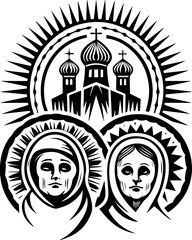 Naklejka premium Skull with flame and pilgrims in tattoo style. Religious Icon Illustration with Detailed Church and Saints Design