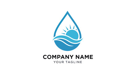 Water drop logo with sun and waves representing nature and environment.