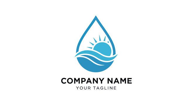 Water drop logo with sun and waves representing nature and environment. - Powered by Adobe