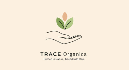 Trace Organics logo with hand and plant symbol.
