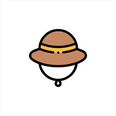 Brown pith helmet representing travel and exploration on white backdrop with simple lines and bright colors evoking adventure and discovery.