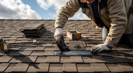 Roof Repair A Roofer Applying Sealant to Shingles Under a Cloudy Sky