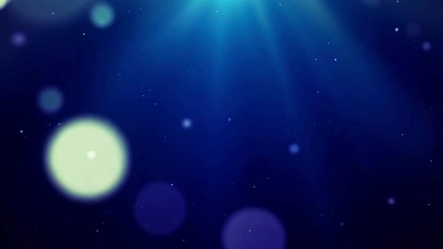 Abstract dark blue animation with large, floating bokeh and shimmering light beams illuminating sparkling particles from above.