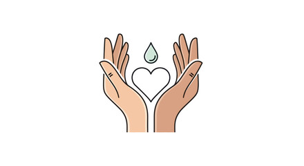 Hands holding a heart and water drop symbolizing care and purity.