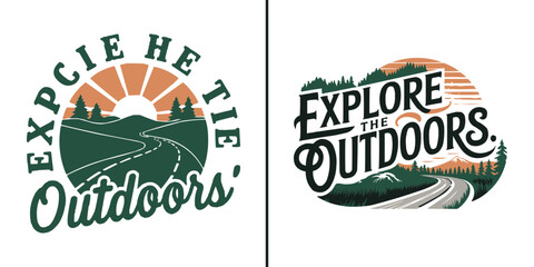 Explore the outdoors adventure typography vector with mountain road and forest landscape for travel, hiking, and nature exploration design