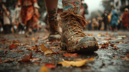 Close up of muddy boots walking on wet, leaf covered street during lively outdoor festival. scene captures vibrant energy and colorful attire of crowd in background