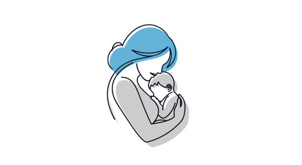 Minimalist Line Art of a Mother Tenderly Holding Her Newborn Baby.