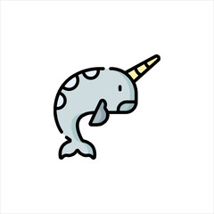 Cartoon narwhal swimming gracefully in the arctic ocean, showcasing its distinctive tusk and playful nature in a whimsical style.