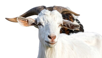 Close-up of a white goat with curved horns, isolated on white