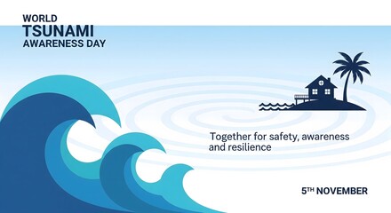 World tsunami awareness day graphic with crashing waves and island hut