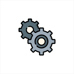 Two gears rotating together symbolize teamwork and mechanical processes in a simple, clean style, representing engineering or collaboration.