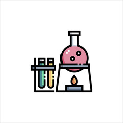 Pink liquid boils in flask over burner next to test tubes in laboratory, symbolizing scientific research and discovery.