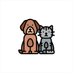 Dog and cat standing together in simple style, representing friendship and companionship, on a white backdrop.