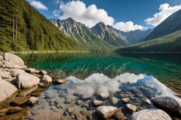 Pristine Turquoise Mountain Lake with Perfect Reflections in Alpine Wilderness