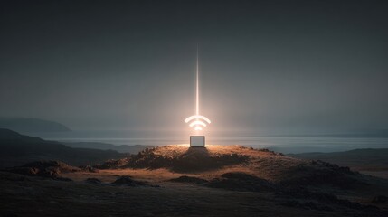 Wi-Fi Beacon: An abstract depiction of a laptop transmitting a wi-fi signal as a beam of light, symbolizing connectivity and the power of technology within a natural setting. 