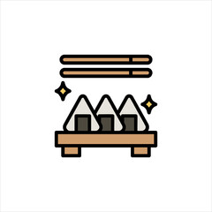 Three onigiri rice balls rest on a wooden tray with chopsticks, representing traditional Japanese cuisine with a clean and minimalist aesthetic.