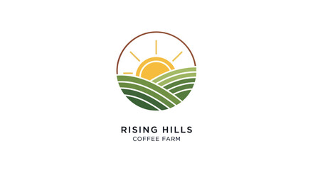 Rising Hills Coffee Farm Logo with Sun and Green Fields.