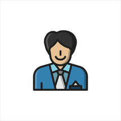 Smiling businessman wearing blue suit stands confidently against a plain backdrop, radiating professionalism and approachability in a modern style.