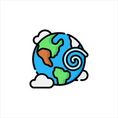 Earth surrounded by clouds shows weather patterns and climate change in a simple, colorful style, evoking environmental awareness.