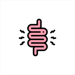 Human intestine experiencing discomfort with radiating pain signals, representing digestive issues and health concerns, depicted in a minimalist style.