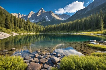 Pristine Turquoise Mountain Lake with Perfect Reflections in Alpine Wilderness