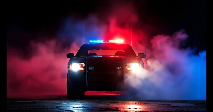 Dramatic police car illuminated by flashing red and blue lights in smoky darkness