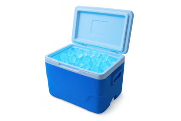 Blue cooler box filled with ice cubes opening lid