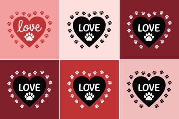 Cute heart and paw print love design set for pet lovers in pink red and black romantic vector illustration