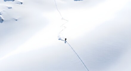 Aerial view of a lone skier descending a vast pristine snow covered mountain slope on a bright winter day