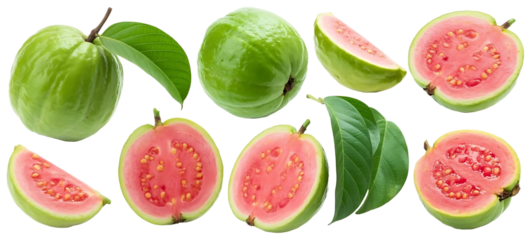 Collection of green guava fruits with pink flesh isolated on white background