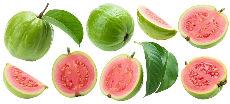Collection of green guava fruits with pink flesh isolated on white background