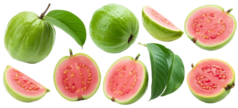 Collection of green guava fruits with pink flesh isolated on white background