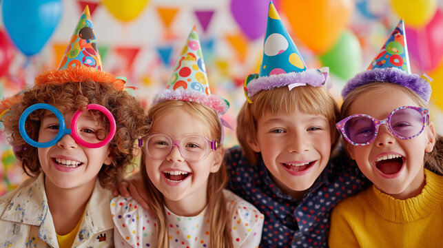 Happy kids celebrating birthday party with colorful balloons and funny party hats group photo