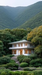 Serene white multi level building nestled amongst lush green trees and rolling hills under soft daylight illumination
