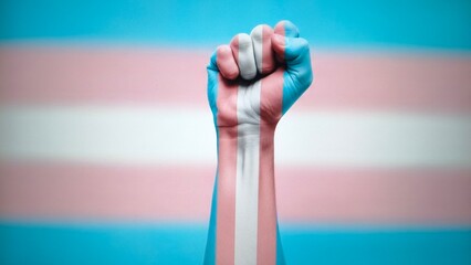 Fist raised in front of the transgender pride flag, symbolizing lgbtq rights and equality
