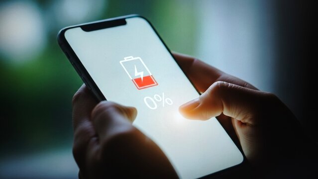 Closeup of a persons hand holding a smartphone with a nearly depleted battery icon