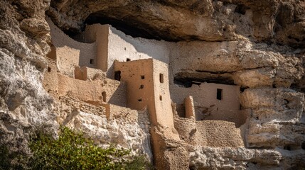 Ancient Cliff Dwelling in Rocky Landscape Under Bright Blue Sky