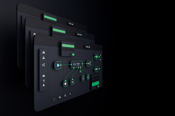 AI workflow automation artificial intelligence software interface nodes triggers data tool dashboard coding icon flow process technology 3d rendering.