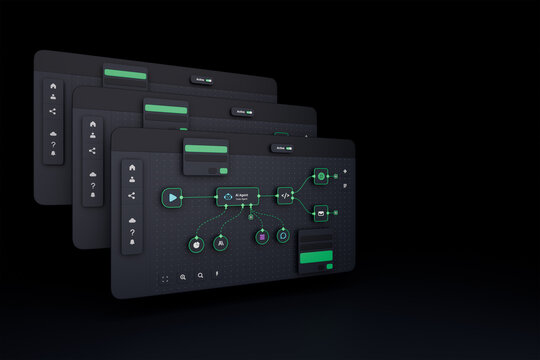 AI workflow automation artificial intelligence software interface nodes triggers data tool dashboard coding icon flow process technology 3d rendering.