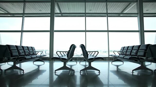 Modern airport waiting lounge with large windows overlooking tarmac and distant planes, conveying anticipation and travel.