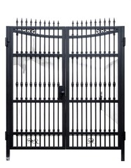Black metal double gate with vertical bars and decorative elements
